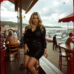 A 40-year-old chubby and curvy blonde woman posing seductively while sitting in a busy beach bar in Lyme Regis