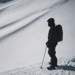 Recompose the image, now revealing a side view of the shadowy figure in mountain gear with just a sliver of his face visible, augmenting the enigmatic feel.