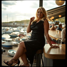 A 40-year-old chubby and curvy blonde woman posing seductively while sitting in a busy beach bar in Lyme Regis