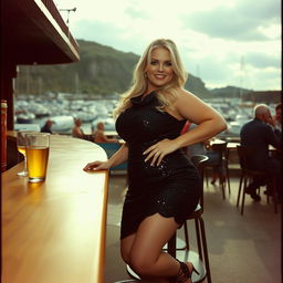 A 40-year-old chubby and curvy blonde woman posing seductively while sitting in a busy beach bar in Lyme Regis