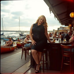 A 40-year-old chubby and curvy blonde woman posing seductively while sitting in a busy beach bar in Lyme Regis