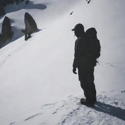 Recompose the image, now revealing a side view of the shadowy figure in mountain gear with just a sliver of his face visible, augmenting the enigmatic feel.