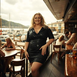 40-year-old chubby and curvy blonde woman posing seductively in a busy beach bar in Lyme Regis