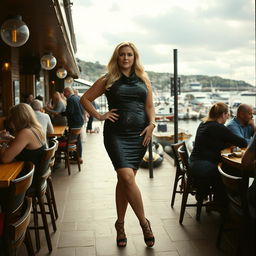 40-year-old chubby and curvy blonde woman posing seductively in a busy beach bar in Lyme Regis