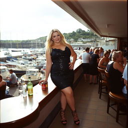 40-year-old chubby and curvy blonde woman posing seductively in a busy beach bar in Lyme Regis