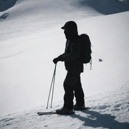 Recompose the image, now revealing a side view of the shadowy figure in mountain gear with just a sliver of his face visible, augmenting the enigmatic feel.