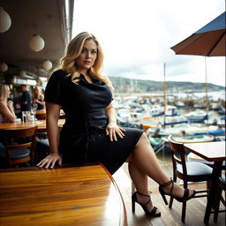 A 40-year-old chubby and curvy blonde woman posing seductively while sitting in a bustling beach bar in Lyme Regis