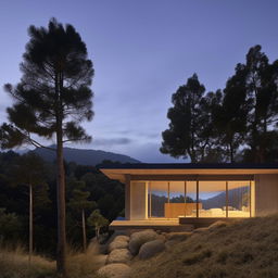 Avant-garde house, architecturally inspired by Toyo Ito, overlooking a scenic backdrop