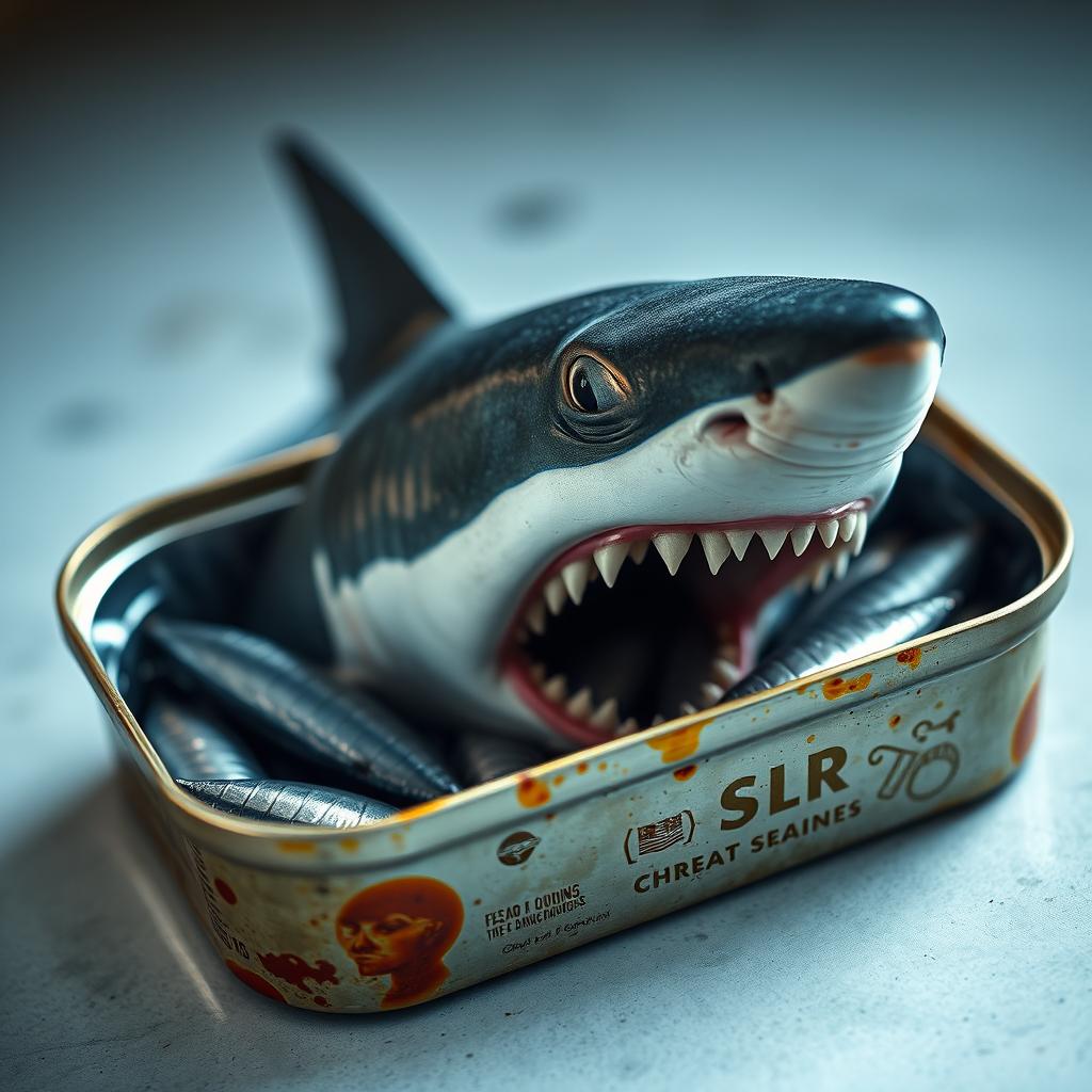 Close-up photograph capturing a tin of sardines that is slightly opened to reveal a great white shark emerging from within