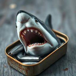 Close-up photograph capturing a tin of sardines that is slightly opened to reveal a great white shark emerging from within