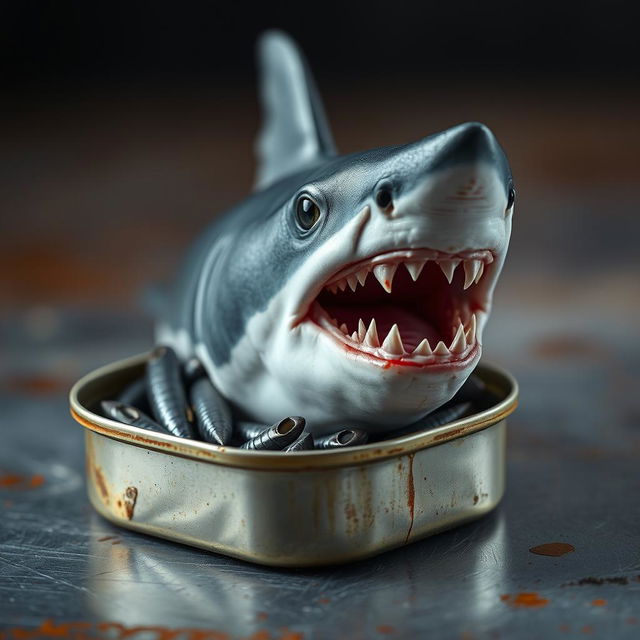 Close-up photograph capturing a tin of sardines that is slightly opened to reveal a great white shark emerging from within