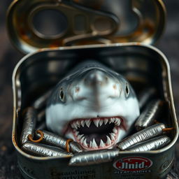 Close-up photograph capturing a tin of sardines that is slightly opened to reveal a great white shark emerging from within