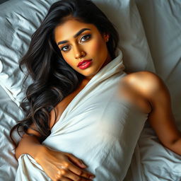 A beautiful Indian woman, displaying her perfect body with an alluring expression, slightly suggestive with strategically placed sheet covering her, resting gracefully on a bed