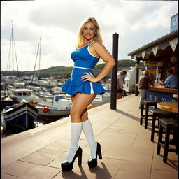 A 40-year-old chubby and curvy blonde woman posing in a lively beach bar in Lyme Regis, against the backdrop of a harbour filled with numerous fishing boats