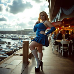 A 40-year-old chubby and curvy blonde woman elegantly posing in a bustling beach bar located in Lyme Regis