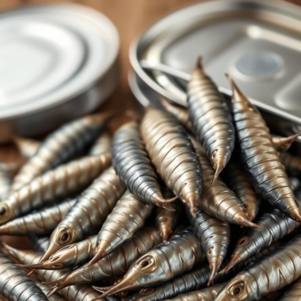 Close-up photograph of a tin of sardines with a pile of sardines spilling out