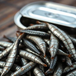 Close-up photograph of a tin of sardines with a pile of sardines spilling out