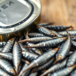 Close-up photograph of a tin of sardines with a pile of sardines spilling out