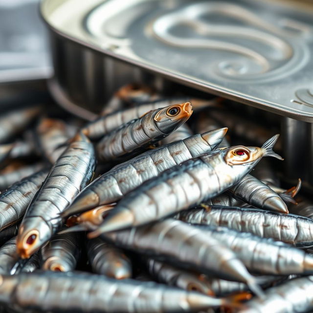 Close-up photograph of a tin of sardines with a pile of sardines spilling out