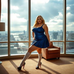 A 40-year-old chubby and curvy blonde woman posing in a spacious hotel suite, featuring a large window that offers a stunning view of London in the background