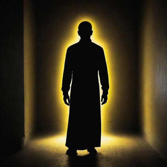 Refine the image of the shadowy figure in the dark room. He now emanates bright, yellow energy, creating a strong contrast with the dim surroundings and amplifying the aura of mystery.