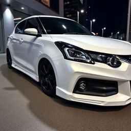 A sophisticated and sleek white Suzuki Baleno, customized with sporty, aerodynamic features