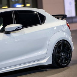 A sophisticated and sleek white Suzuki Baleno, customized with sporty, aerodynamic features