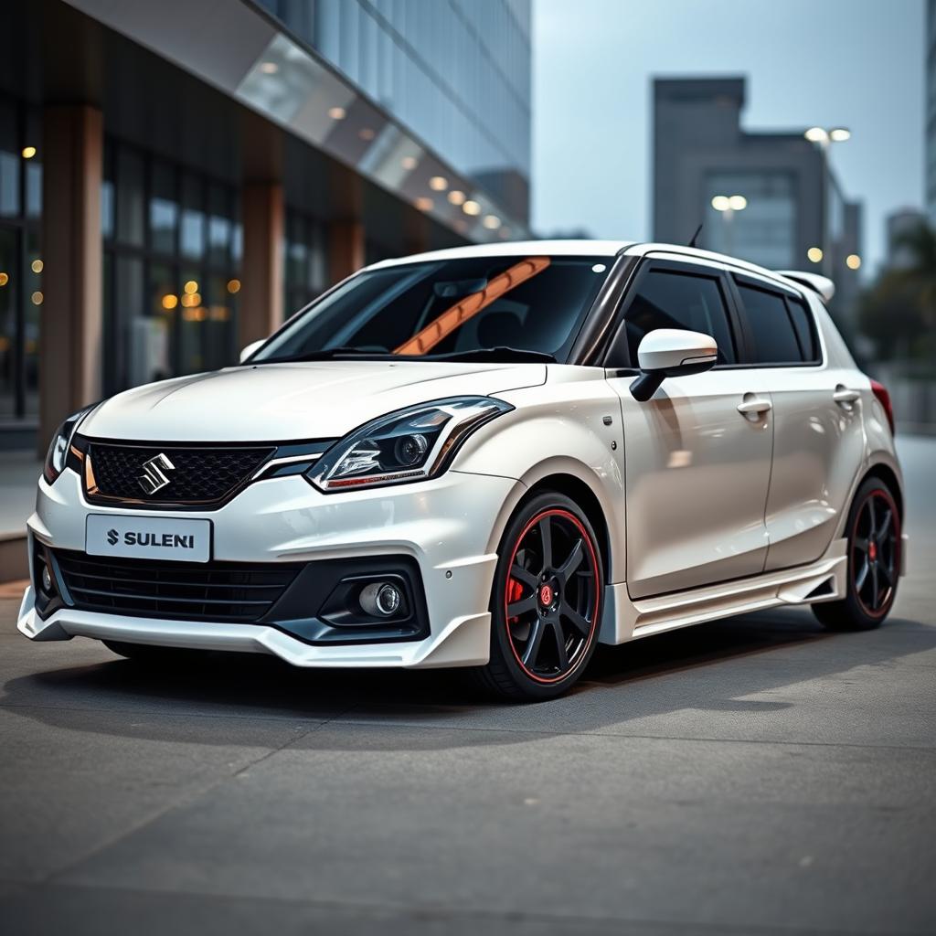 A sophisticated and sleek white Suzuki Baleno, customized with sporty, aerodynamic features