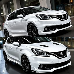 A sophisticated and sleek white Suzuki Baleno, customized with sporty, aerodynamic features