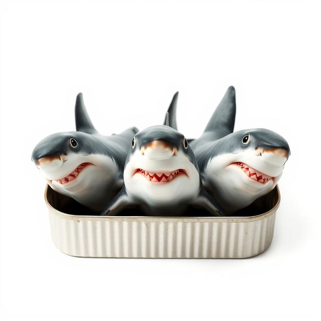 A surreal composition of five great white sharks creatively arranged in a sardines tin against a white background