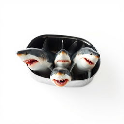 A surreal composition of five great white sharks creatively arranged in a sardines tin against a white background