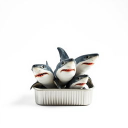 A surreal composition of five great white sharks creatively arranged in a sardines tin against a white background