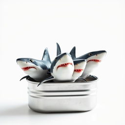 A surreal composition of five great white sharks creatively arranged in a sardines tin against a white background