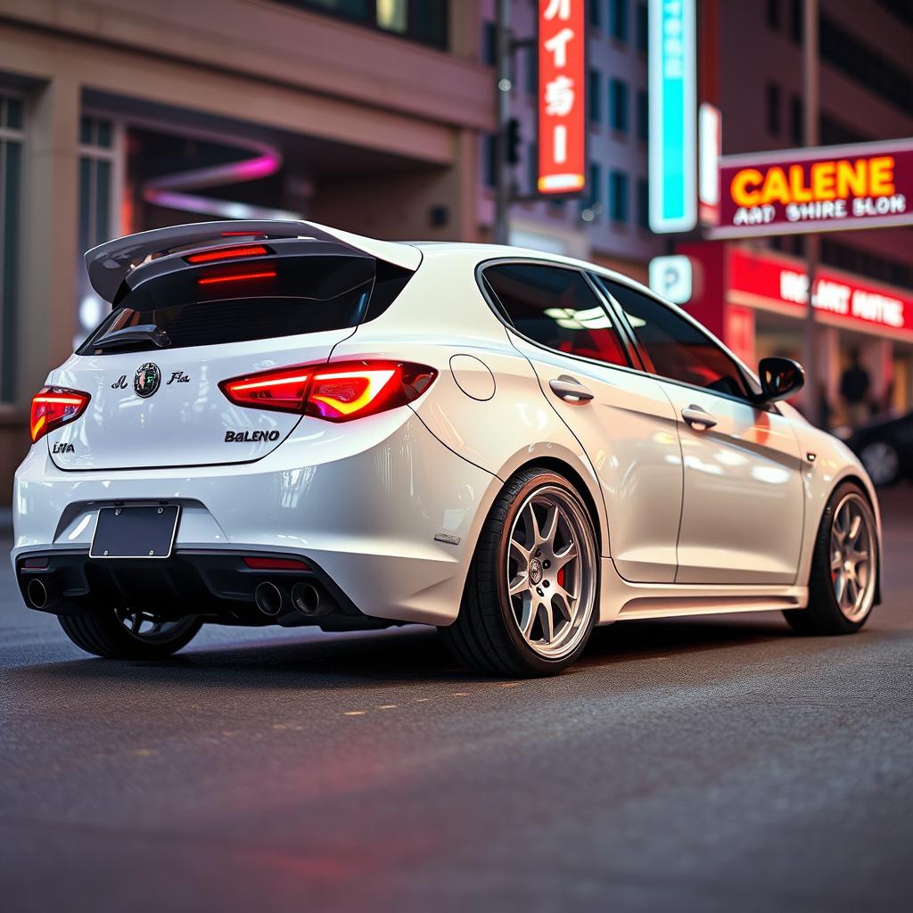 A sleek and stylish modified Baleno Alfa in pristine white color, featuring custom alloy wheels, a sporty body kit, tinted windows, and a low-profile spoiler