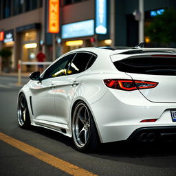 A sleek and stylish modified Baleno Alfa in pristine white color, featuring custom alloy wheels, a sporty body kit, tinted windows, and a low-profile spoiler