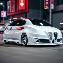 A sleek and stylish modified Baleno Alfa in pristine white color, featuring custom alloy wheels, a sporty body kit, tinted windows, and a low-profile spoiler