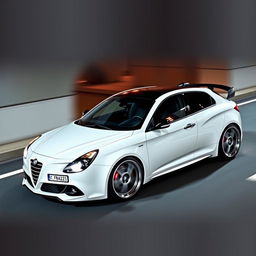 A sleek and stylish modified Baleno Alfa in pristine white color, featuring custom alloy wheels, a sporty body kit, tinted windows, and a low-profile spoiler