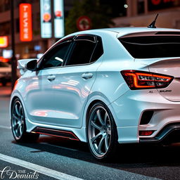 A sleek and stylish modified Baleno Alpha in pristine white color, featuring custom alloy wheels, a sporty body kit, tinted windows, and a low-profile spoiler