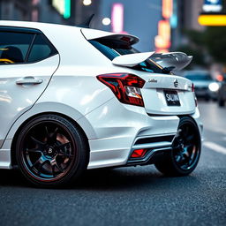 A sleek and stylish modified Baleno Alpha in pristine white color, featuring custom alloy wheels, a sporty body kit, tinted windows, and a low-profile spoiler