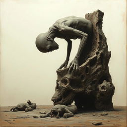 A surreal, haunting painting in the style of Zdzislaw Beksinski showcasing a distorted, eerie figure bending over a decaying, grotesque altar-like object