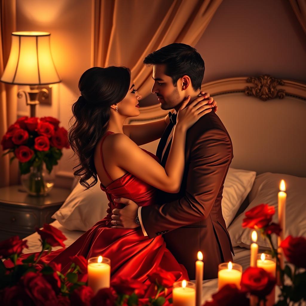 A romantic and intimate scene depicting a couple embracing passionately