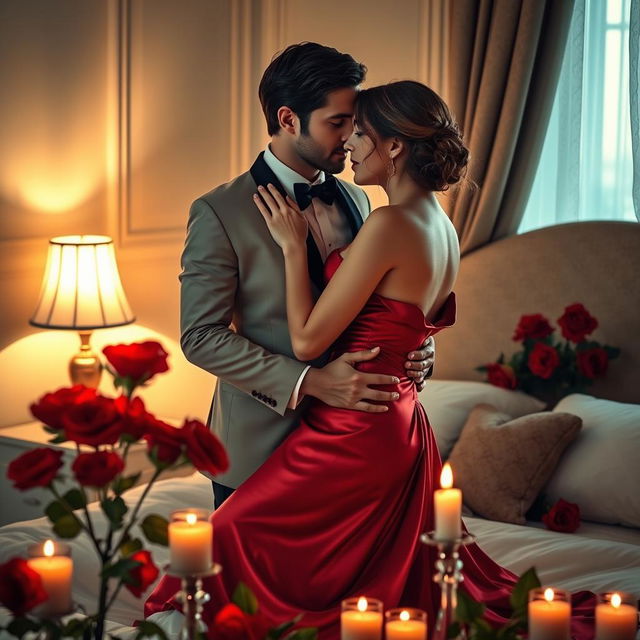 A romantic and intimate scene depicting a couple embracing passionately