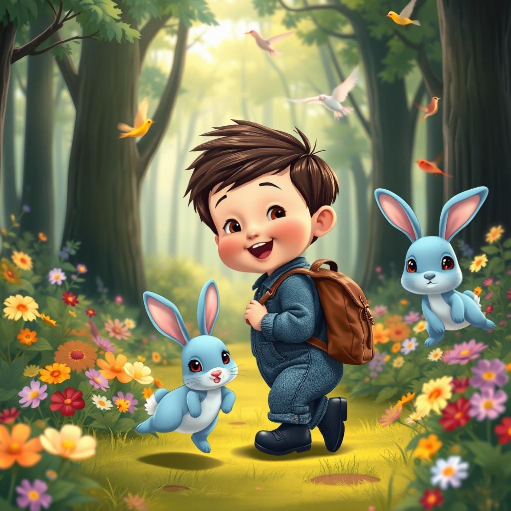 A playful cartoon of a 10-month-old baby boy with thick hair, clad in a denim jumper and black shoes, a tiny leather backpack on his back