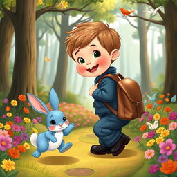 A playful cartoon of a 10-month-old baby boy with thick hair, clad in a denim jumper and black shoes, a tiny leather backpack on his back