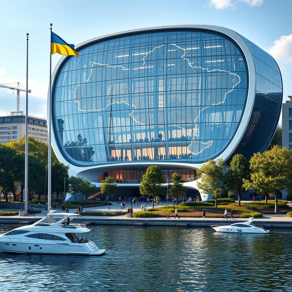 Bionic, futuristic building with fantastic architecture, featuring a huge glass atrium that precisely mirrors the contours of the map of Ukraine