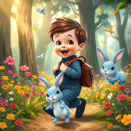 A playful cartoon of a 10-month-old baby boy with thick hair, clad in a denim jumper and black shoes, a tiny leather backpack on his back