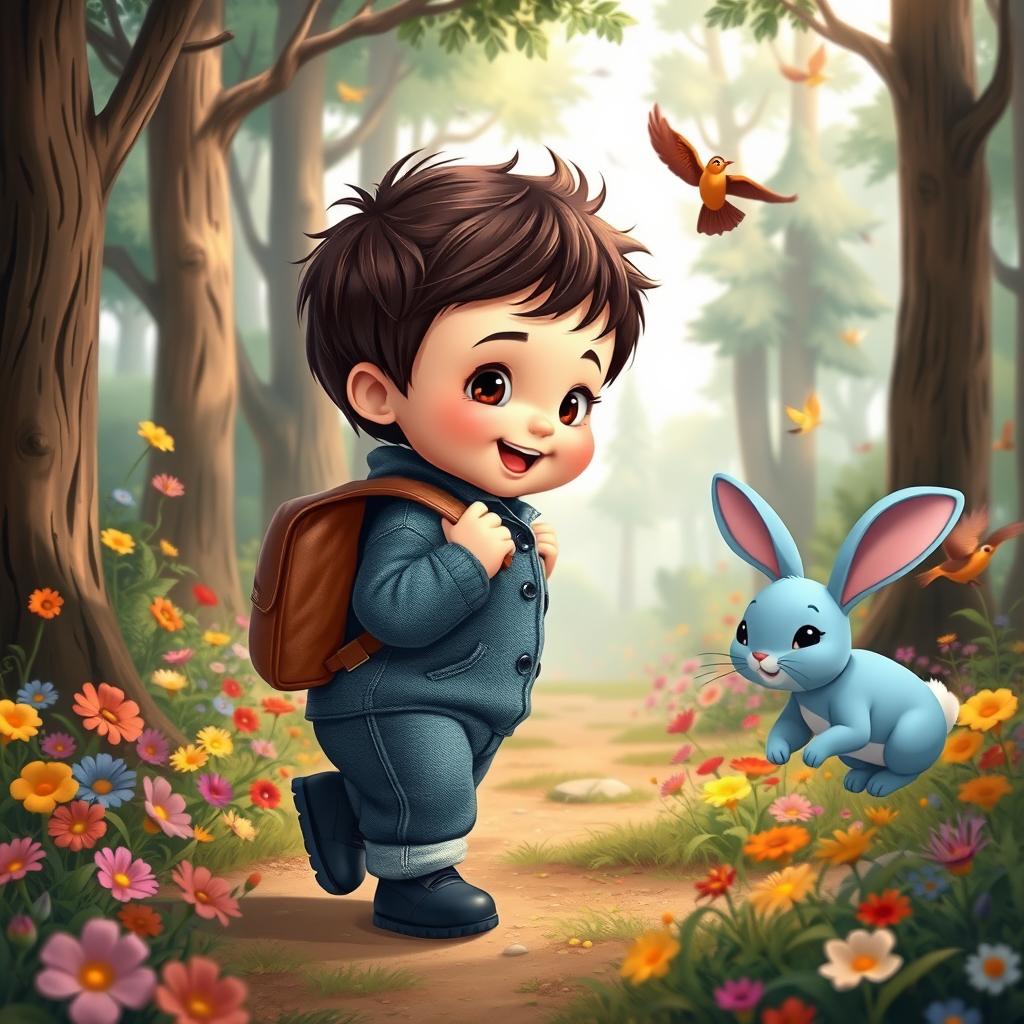 A playful cartoon of a 10-month-old baby boy with thick hair, clad in a denim jumper and black shoes, a tiny leather backpack on his back