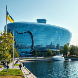 Bionic, futuristic building with fantastic architecture, featuring a huge glass atrium that precisely mirrors the contours of the map of Ukraine