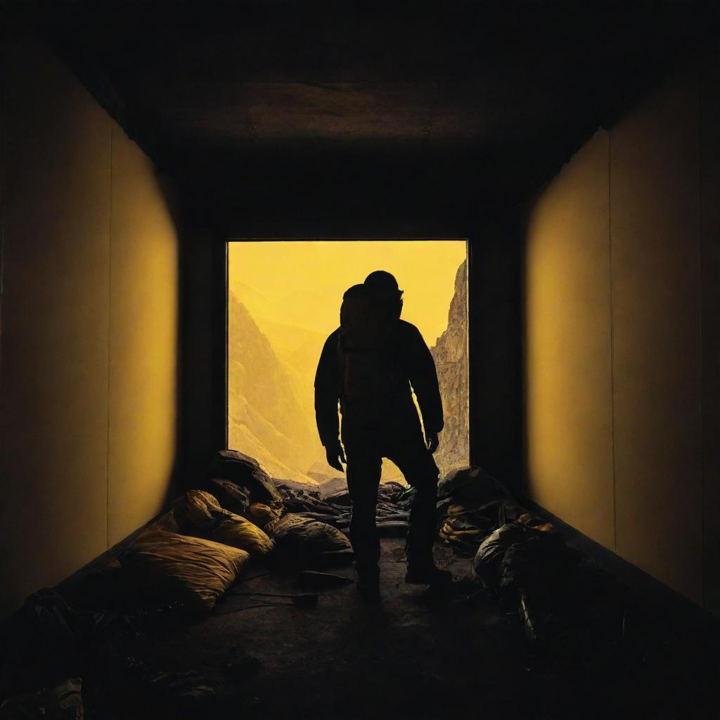 Reframe the scene, adding depth and perspective, whereby the shadowy figure in mountain gear stands in the foreground of the dark room, radiating bright, yellow energy, with the room stretching out behind him.