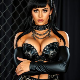 close-up torso shot of a gorgeous female wrestler with black hair, adorned in shiny black wrestling gear that features numerous chains